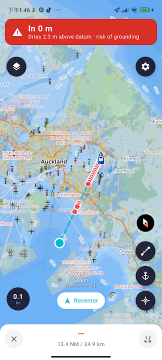 Sea Chart nautical navigation map showing a planned route, seamarks, depth warning and GPS controls