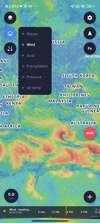 Sea Chart marine weather map displaying animated wind conditions and forecast controls