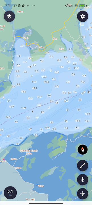 Sea Chart bathymetry view showing water depths and depth contours around a harbour